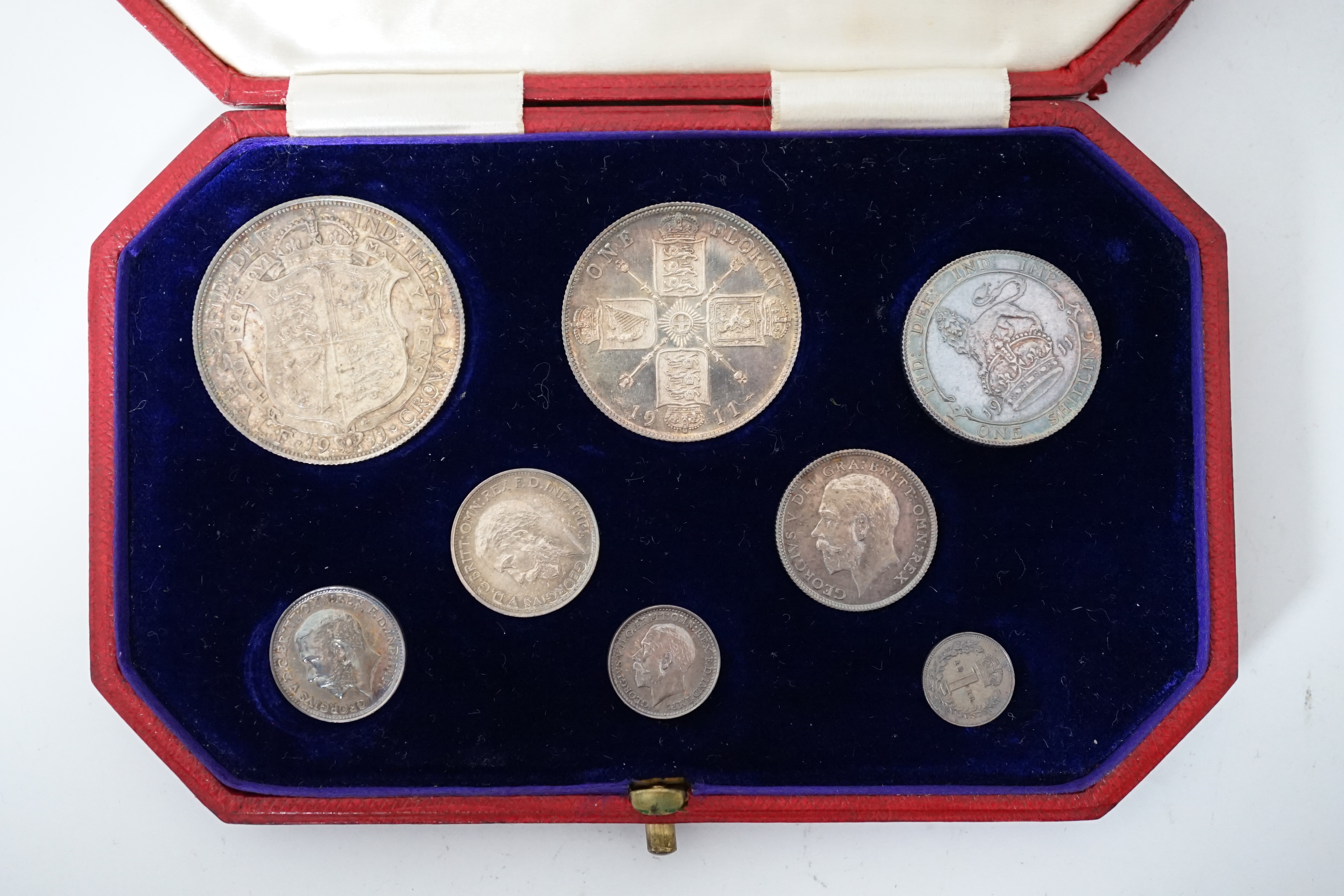 British Silver Coins, George V coronation specimen eight coin set, 1911, ranging from halfcrown to maundy penny, in case of issue